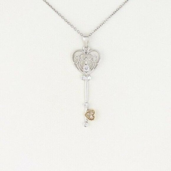 Heart Key Heart Necklace Sterling Silver Cz accents 16 inch chain - Picture 2 of 9
